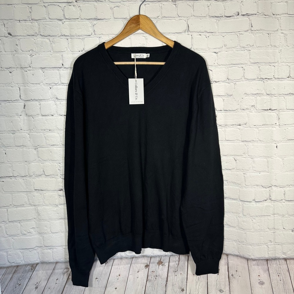 Collars & Co Mens XXXL Black Cotton Cashmere V-Neck Sweater NWT Big & Tall